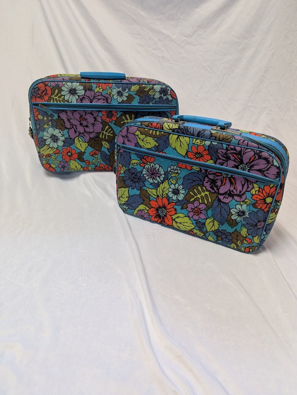 Vintage 70's Canvas Flower Power 2 Peice Travel‎ Suitcase Set Japan Hippie Boho